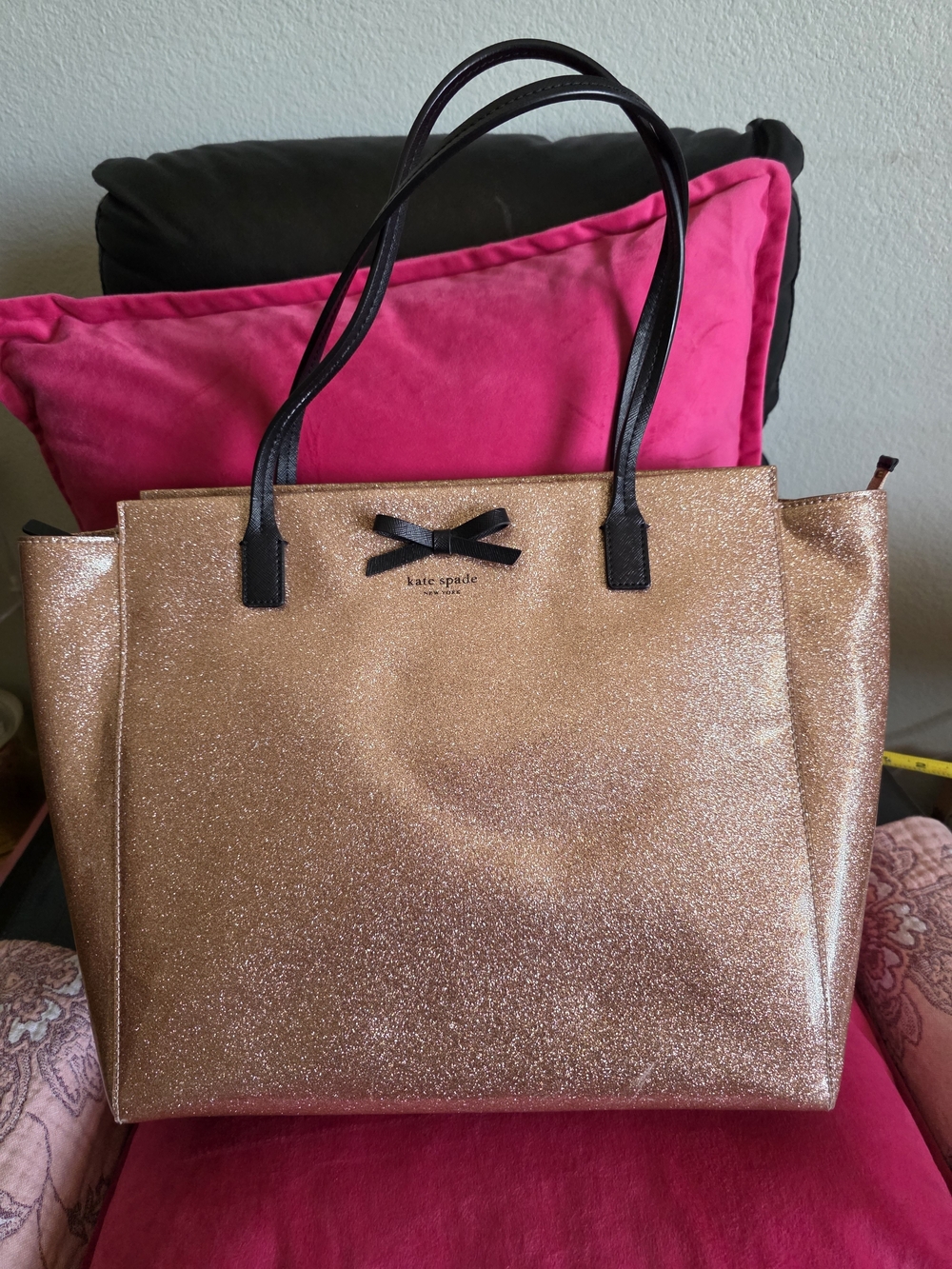 Kate Spade Rose Gold Glitter Tote Bag with Black Handles